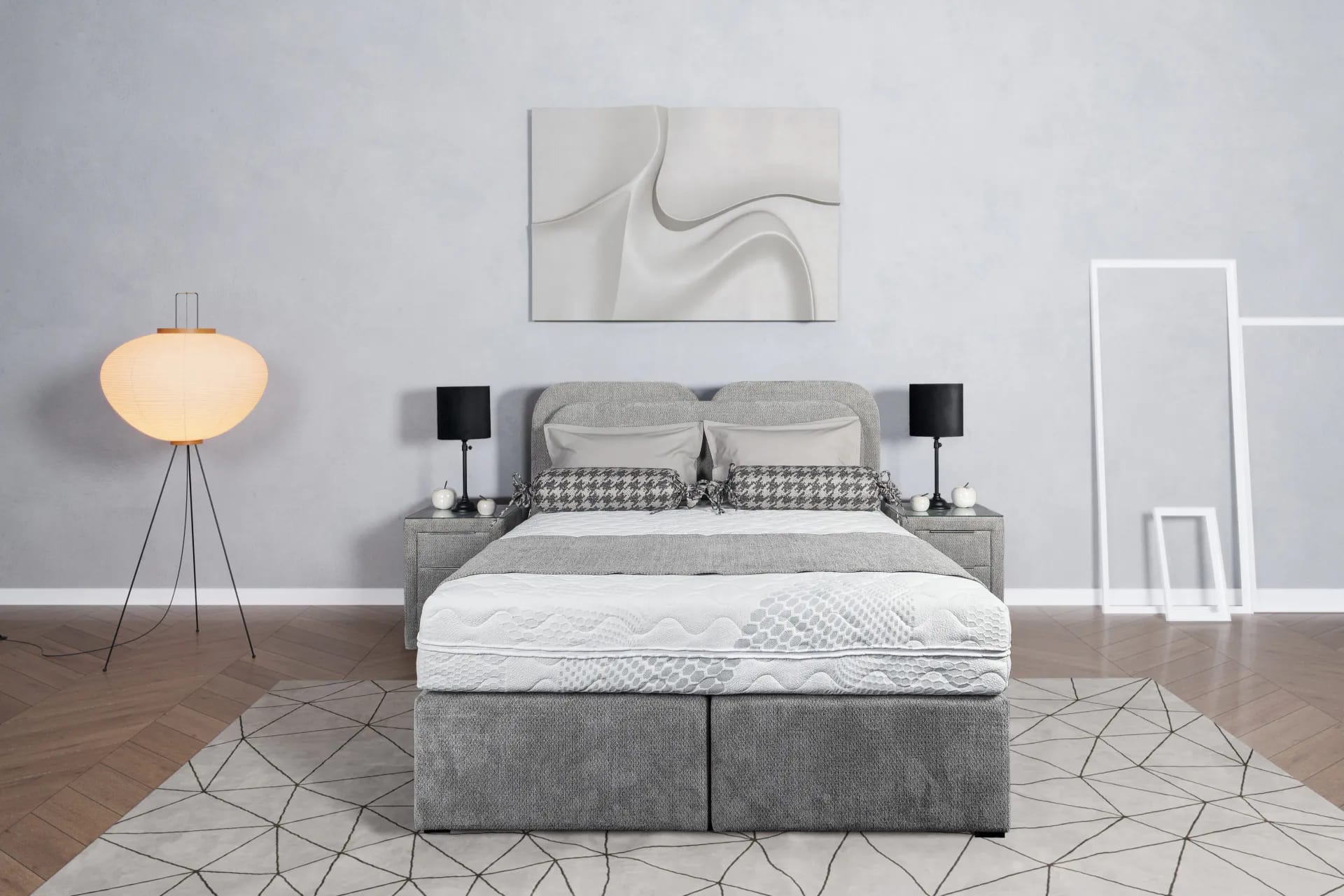 Mistral krevet u elegantnoj sivoj tkanini — kompaktan dizajn